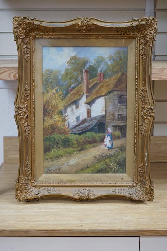 Sidney Hardy (19th. C), oil on canvas, Mother and child before a cottage, signed, 43 x 28cm, ornate gilt frame. Condition - fair to good